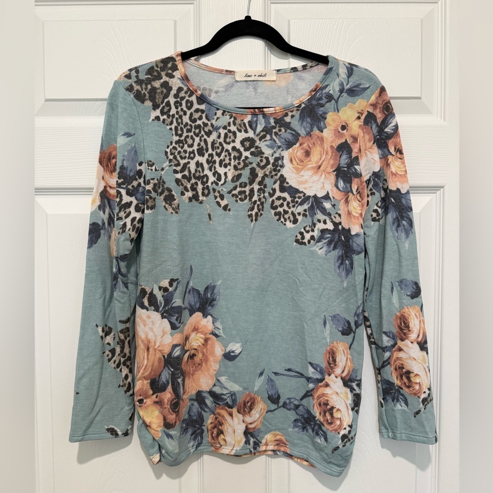 Lime & Chili Blue Floral and Leopard Long Sleeve Top